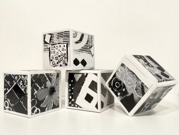 Block Party (B&W), Acrylic printmaking on paper, on wood, 4 x 4 x 4