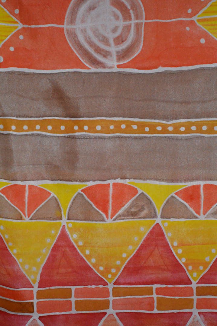 Orange Tappa no. 1, Gutta and Dyes on Habotai Silk, 14 x 69