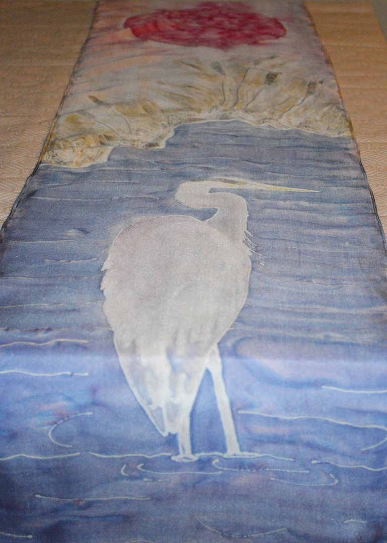 Smokey Heron no. 177, Gutta and Dyes on Habotai Silk, 14 x 69