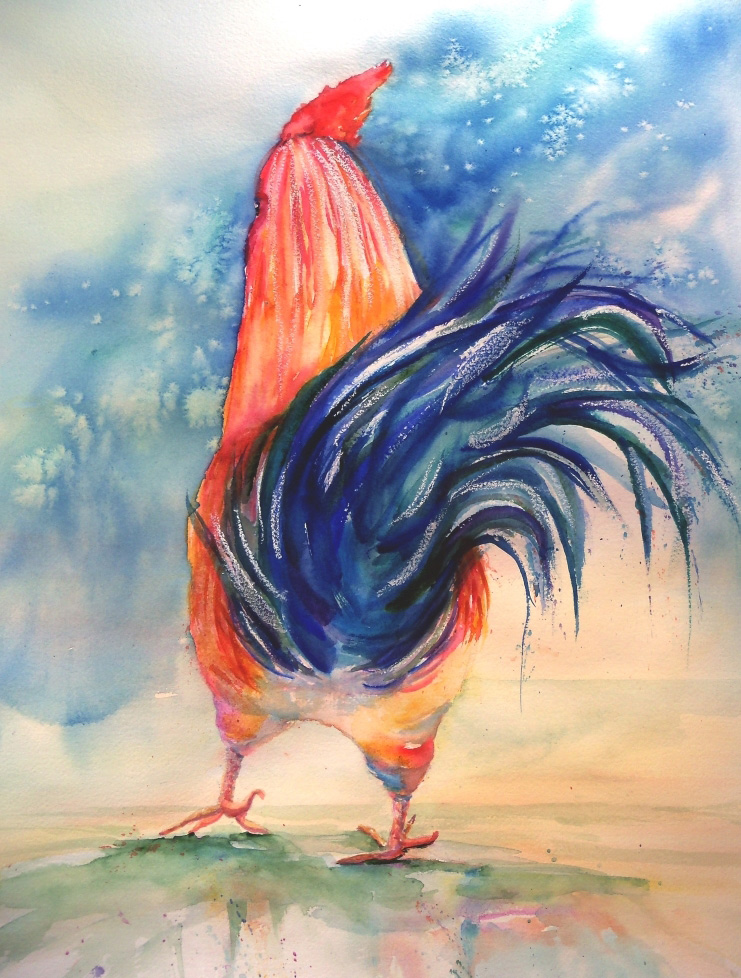 A Rooster Strut, Watercolor on paper, 22 x 28