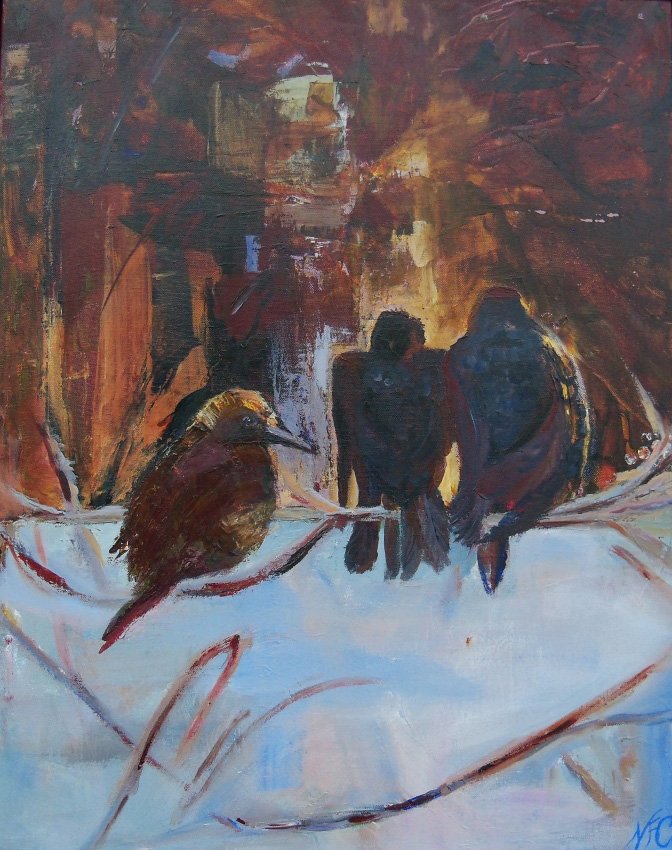 Three Crows, Acrylic on canvas, 22 x 28