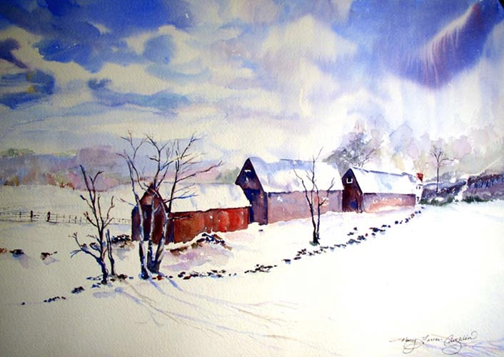 Winter Barns, Watercolor on paper, 31 x 25