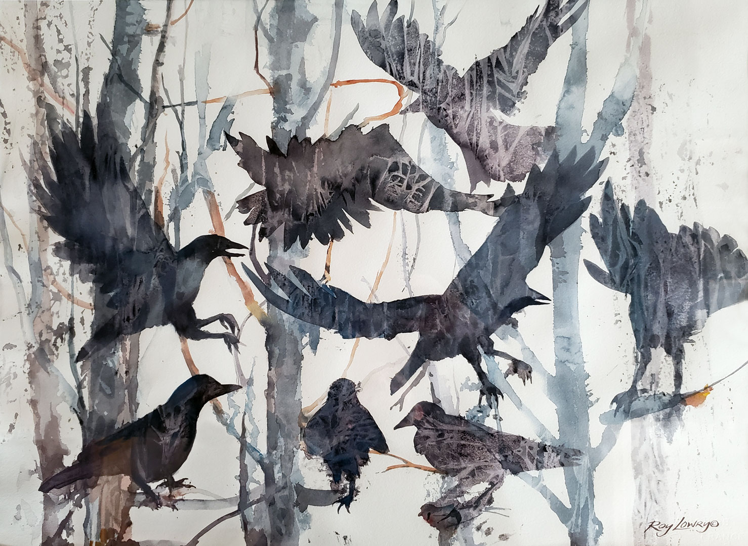 Crows in the Trees, Watercolor on paper, 30 x 22