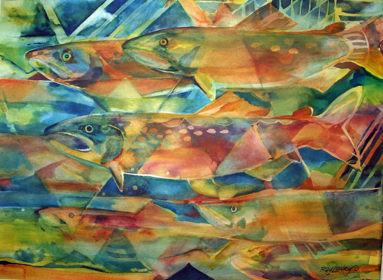 Salmon Montage, Watercolor on paper, 30 x 22