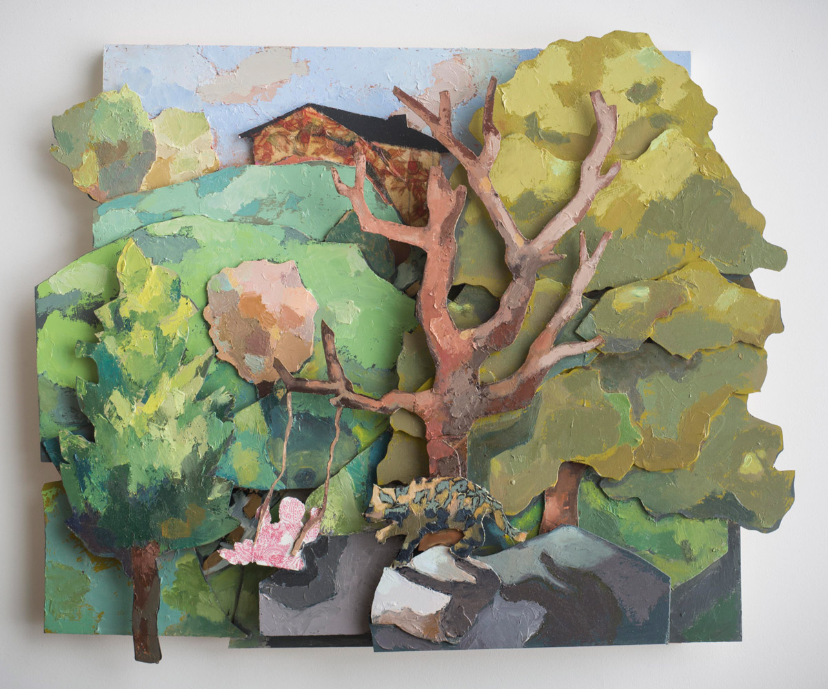 Childhood Wise Tale, Oil, panel cutouts, collage on panel, 48 x 36