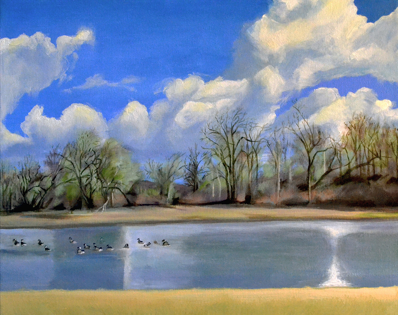 Watering Hole with Geese, Acrylic on canvas, 16 x 20