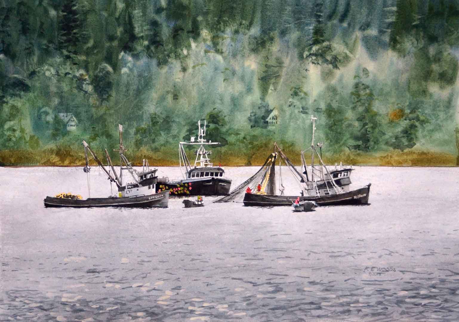 Gastineau Channel Teamwork, Watercolor on paper, 22.5 x 16.5