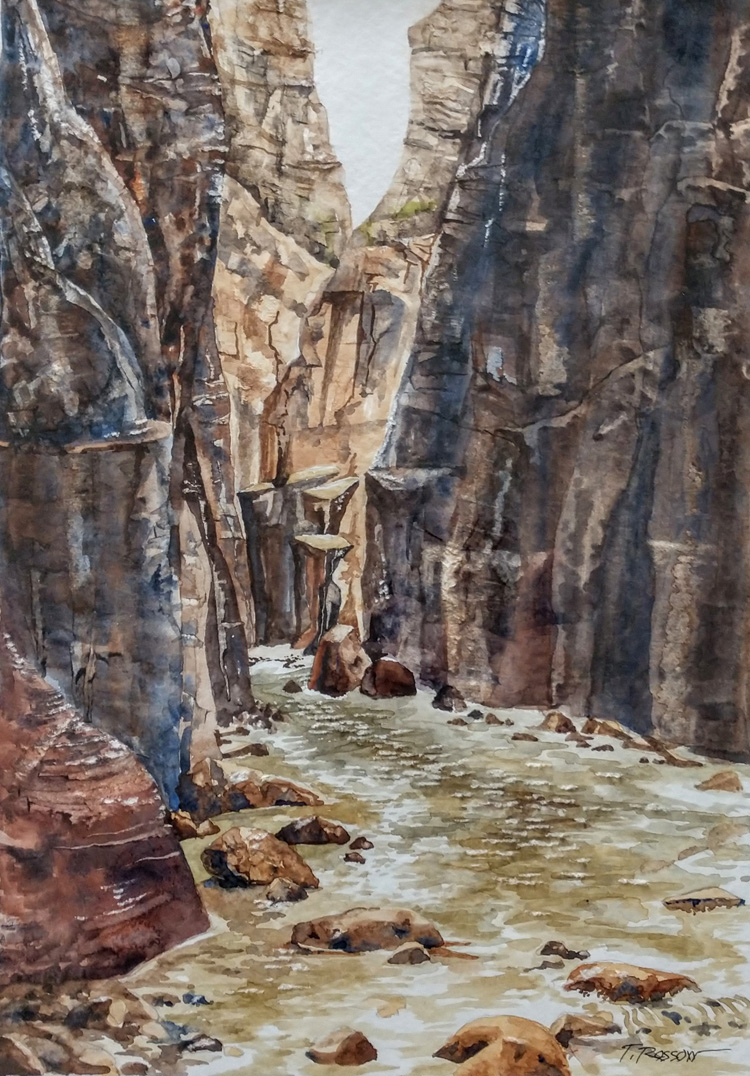 The Narrows, Zion National Park, Watercolor on paper, 11 x 15
