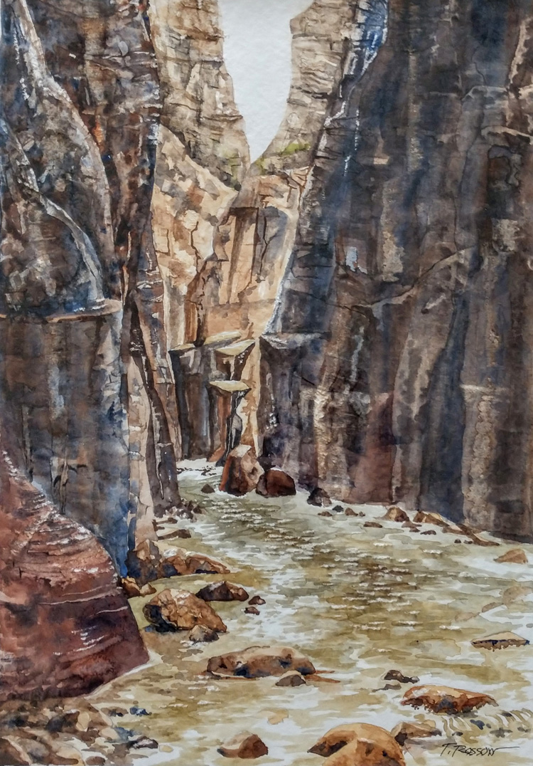 The Narrows, Zion National Park, Watercolor on paper, 11 x 15